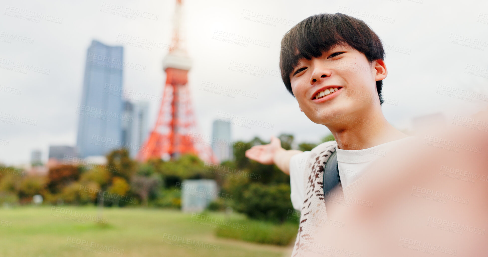 Buy stock photo Travel, portrait and selfie of man, city and photography for content creation, tourism or Tokyo Tower. Outdoor, influencer and Japanese person on vacation, profile picture or tourist on trip in Japan