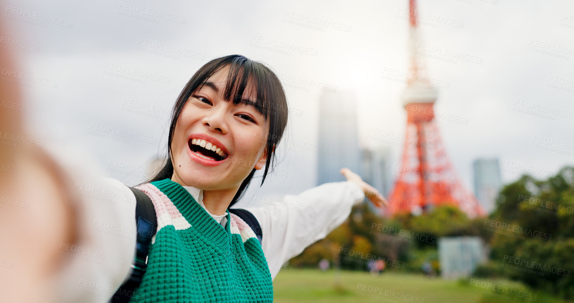 Buy stock photo Happy, face and selfie of woman, city and photography for content creation, pointing and Tokyo Tower. Outdoor, influencer and Japanese person on vacation, profile picture and tourist on trip in Japan
