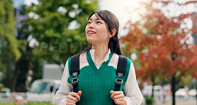 Buy stock photo Japanese, woman and thinking for smile outdoor with sightseeing view, morning commute and vacation journey. Person, travel and backpack for holiday adventure, nature scenery and tourism trip in Japan