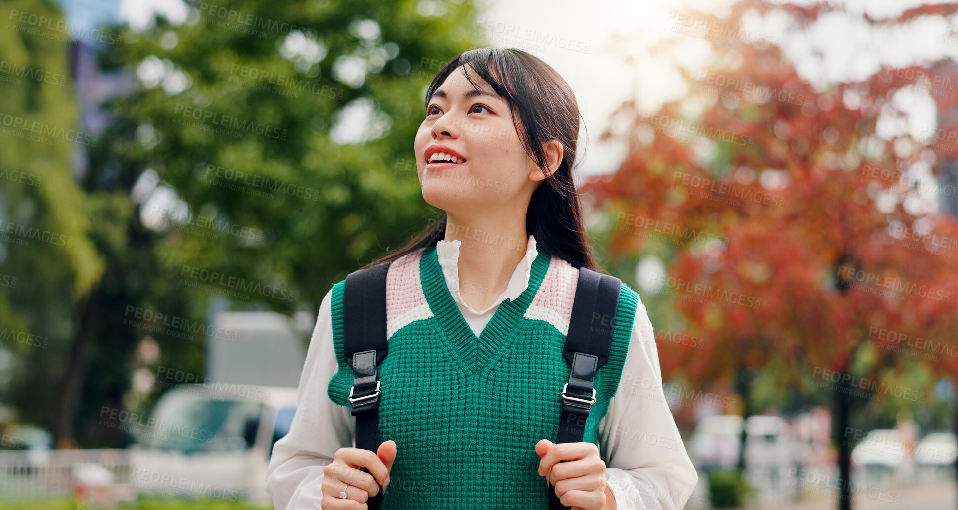 Buy stock photo Japanese, woman and thinking for smile outdoor with sightseeing view, morning commute and vacation journey. Person, travel and backpack for holiday adventure, nature scenery and tourism trip in Japan