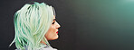 Cool, space and girl with green hair, confidence and trendy profile in studio for creative ideas. Dark background, unique and edgy gen z woman with mint. neon color and banner mockup with punk style