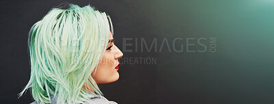 Buy stock photo Thinking, space and girl with green hair, confidence and trendy profile in studio for creative ideas. Dark background, unique or edgy gen z woman with mint neon color or banner mockup with punk style