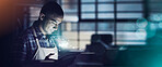 Male person, tablet and hologram in sustainability for ecommerce, digital checklist and logistics. Night, technology and banner in power outage, quality control and stock inventory for small business