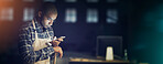 Night, mobile phone and man for communication, network or inventory as small business owner. Male person, banner and technology in power outage at restaurant for digital checklist, supplies and store