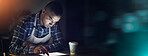 Night, tablet and store manager for quality control, inventory or stock take as small business owner. Male person, technology and banner in power outage for digital checklist, supplier or coffee shop