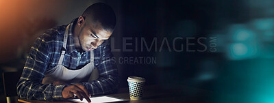 Buy stock photo Night, tablet and store manager for quality control, inventory or stock take as small business owner. Male person, technology and banner in power outage for digital checklist, supplier or coffee shop