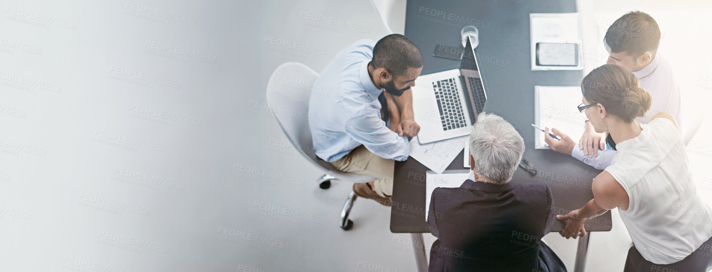 Buy stock photo Business people, collaboration and working with laptop, online planning and meeting in office. Mockup, banner and space with professional team of public relations staff with discussion from above