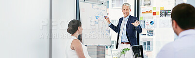 Buy stock photo Presentation, business people and man in office, feedback and teamwork with charts. Employees, banner and group with financial graphs, review revenue and stats with corporate training or professional