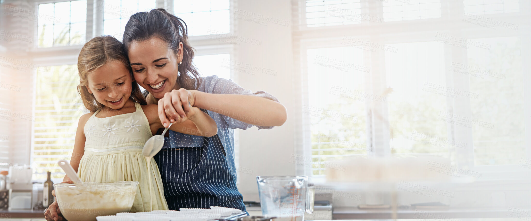 Buy stock photo Baking, mom and fun with child, home and mixing of ingredients, bonding and happy family in kitchen. House, banner and baker with daughter, learning and recipe for dessert, love and parent with kid