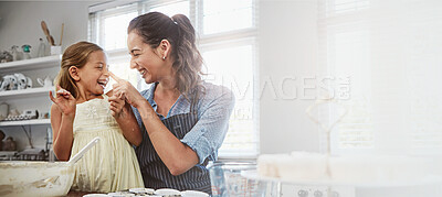 Buy stock photo Baking, mom and laughing with child, home and mixing of ingredients, bonding and happy family in kitchen. House, banner and baker with daughter, learn and recipe for space, love and parent with kid