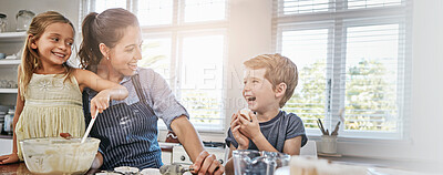 Buy stock photo Mother, kids and excited in kitchen for baking, learning and naughty boy in home banner. Happy family, woman and children at space for recipe, making cupcakes and fun activity for relationship growth