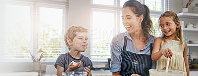 Buy stock photo Baking, mother and children laughing in kitchen for fun learning, culinary skills or teaching cake recipe. Banner, woman and happy kids with ingredients preparation for cooking, bonding or cookie mix