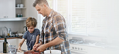 Buy stock photo Father, son and cooking in kitchen for teaching with pizza, toppings and instructions for dinner. Family, man and child with food preparation in home with salami, mushrooms and help conversation