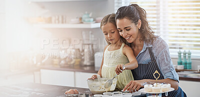 Buy stock photo Baking, home and mother with girl in kitchen, help and learning with child development. Food, apartment and happy mama with daughter, ingredients and recipe with growth, smile and bonding together