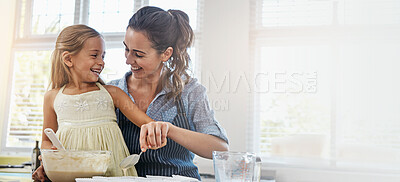 Buy stock photo Mother, child and happy in kitchen for baking, fun activity and help with making cupcakes in banner. Family, woman and girl in home space for learning recipe, support and relationship development