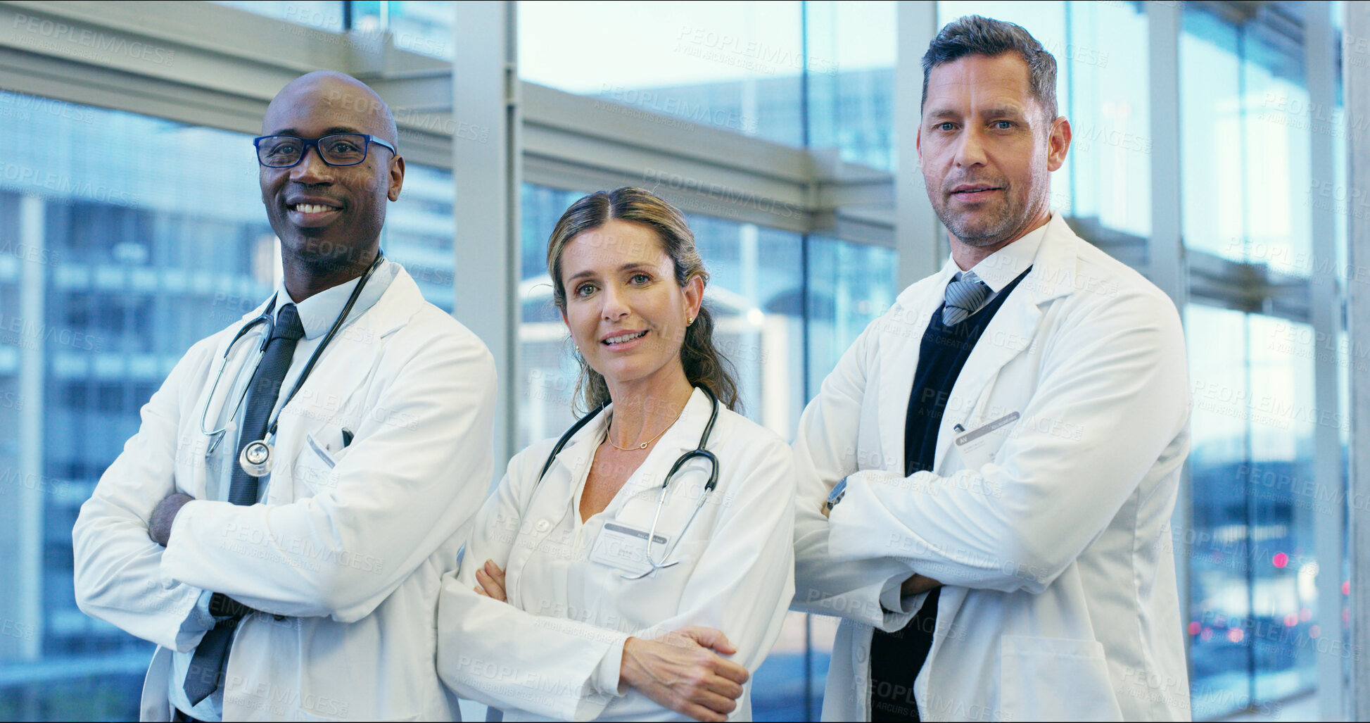 Buy stock photo Doctor, portrait or professional team with confidence for medical service, healthcare or about us at hospital. People, health employees or group with smile or arms crossed for career or job at clinic