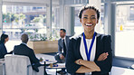 Business woman, portrait and confidence with meeting for convention, workshop or team social at office. Female person, speaker or employee with smile or arms crossed for public relations at workplace
