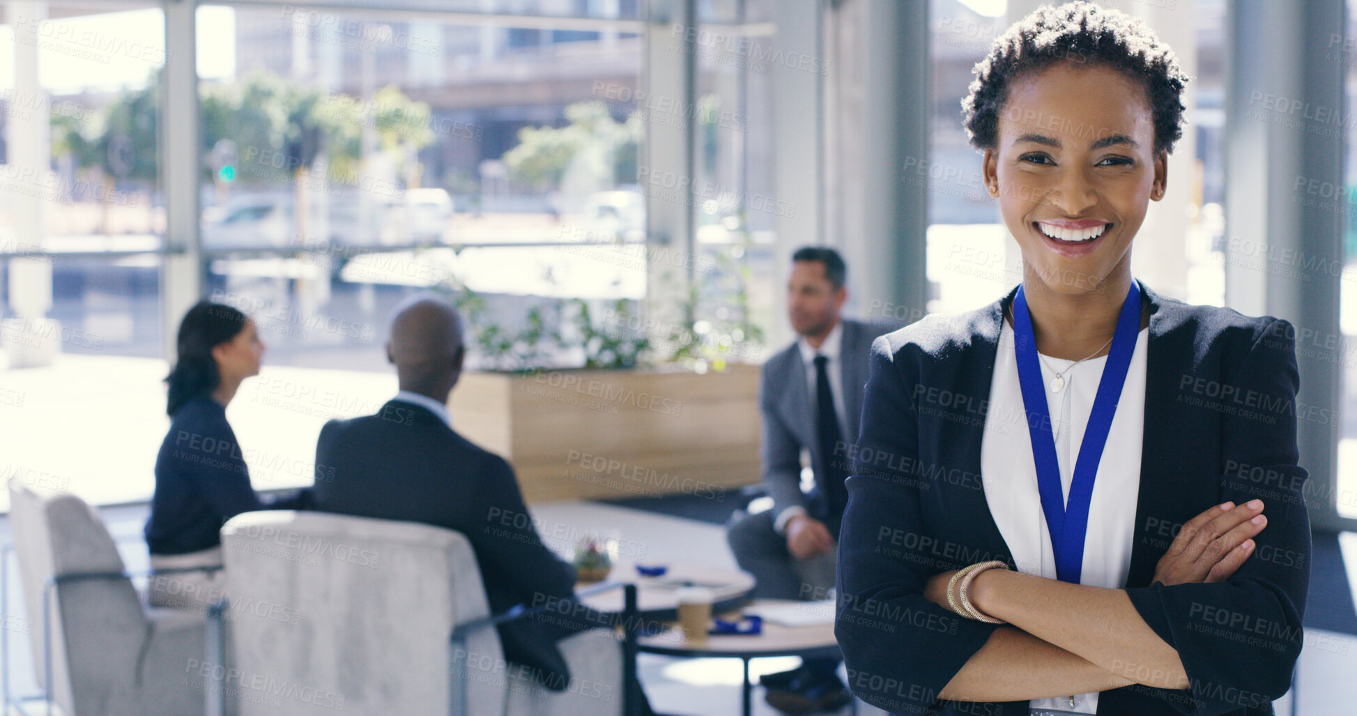 Buy stock photo Business woman, portrait and confidence with group in meeting for convention, workshop or team social at office. Female person, speaker or employee with smile or arms crossed for public relations