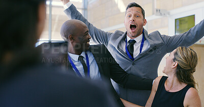 Buy stock photo Excited, businessman and team with celebration for winning, achievement or promotion at office. Happy, business people and group with success for corporate growth or company inclusion at workplace