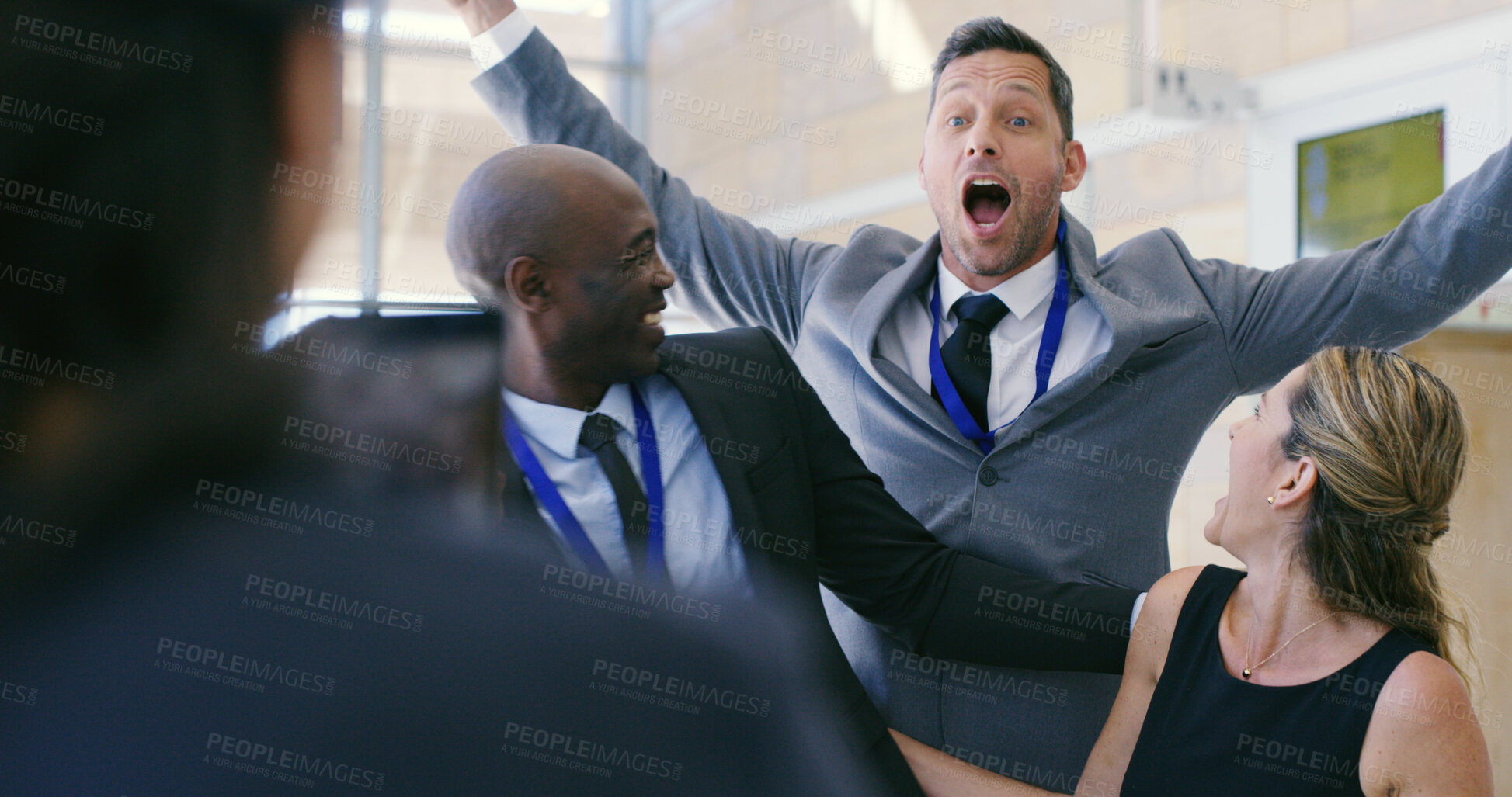 Buy stock photo Excited, businessman and team with celebration for winning, achievement or promotion at office. Happy, business people and group with success for corporate growth or company inclusion at workplace