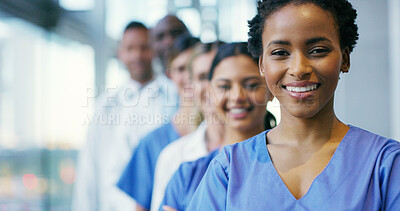 Buy stock photo People, portrait and medical team with line for healthcare service, internship or health programme at hospital. Nurse, doctor or group with smile in row for pride, wellness or professionals at clinic