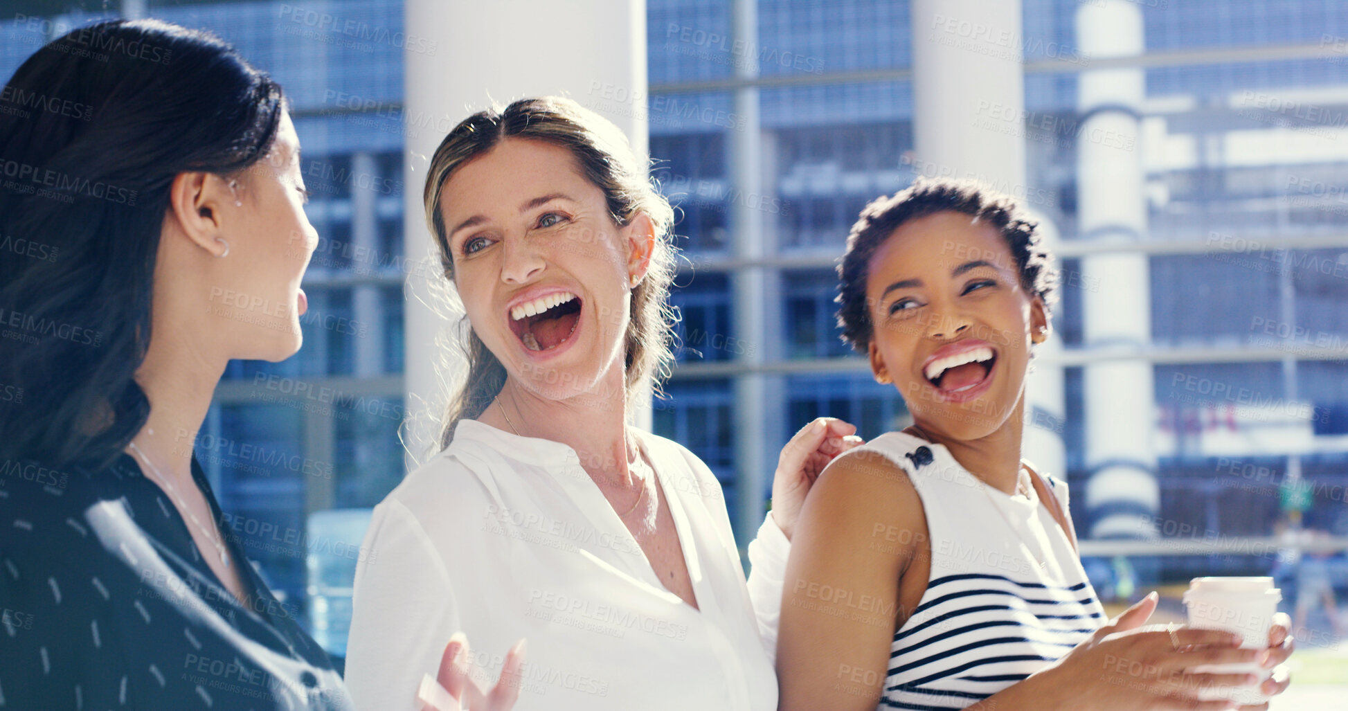 Buy stock photo Happy, business women and walking with laugh at office for funny joke, humor or discussion together. Group, female people or colleagues with smile for fun chat, team social or commute at workplace