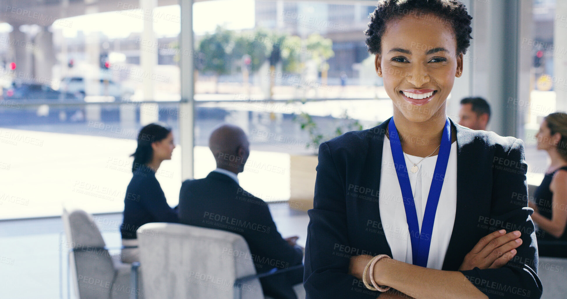 Buy stock photo Business woman, portrait and confidence with team in meeting for convention, workshop or social group at office. Female person, speaker or employee with smile or arms crossed for public relations