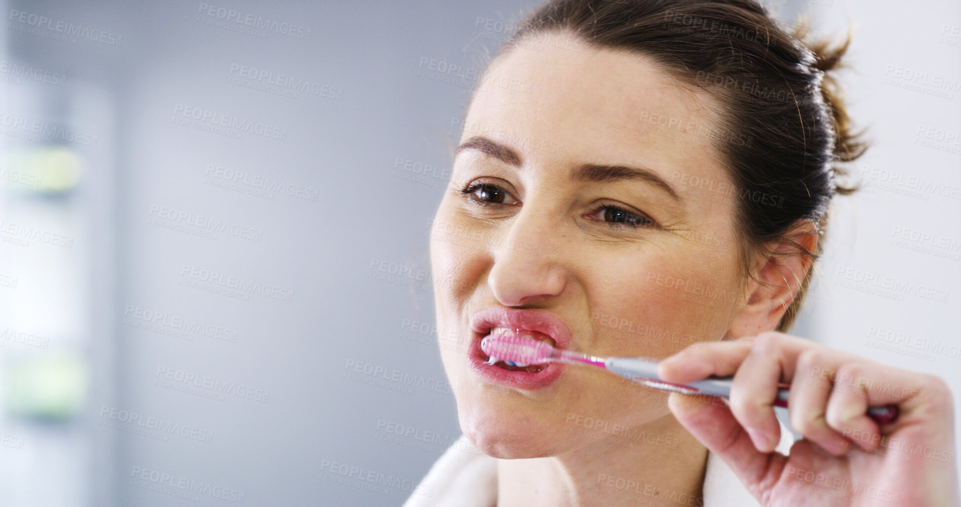 Buy stock photo Hygiene, bathroom and woman brushing teeth for dental health, wellness and morning routine. Oral care, toothpaste and female person with treatment for gum disease, cavity or plaque prevention in home