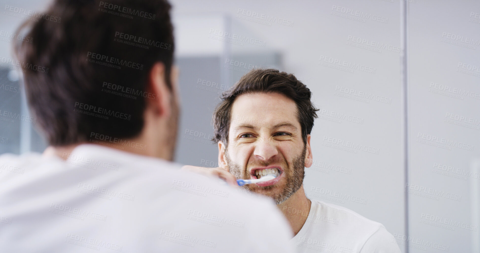 Buy stock photo Toothpaste, bathroom and man brushing teeth for dental health, wellness and morning routine. Oral care, hygiene and male person with treatment for gum disease, cavity or plaque prevention in home.