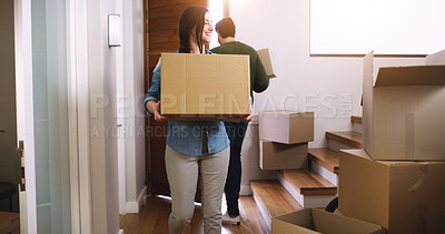 Buy stock photo Boxes, moving and couple in new home together for property, real estate or relocation investment. Happy, apartment and people homeowners with cardboard package for house renovation with pride.