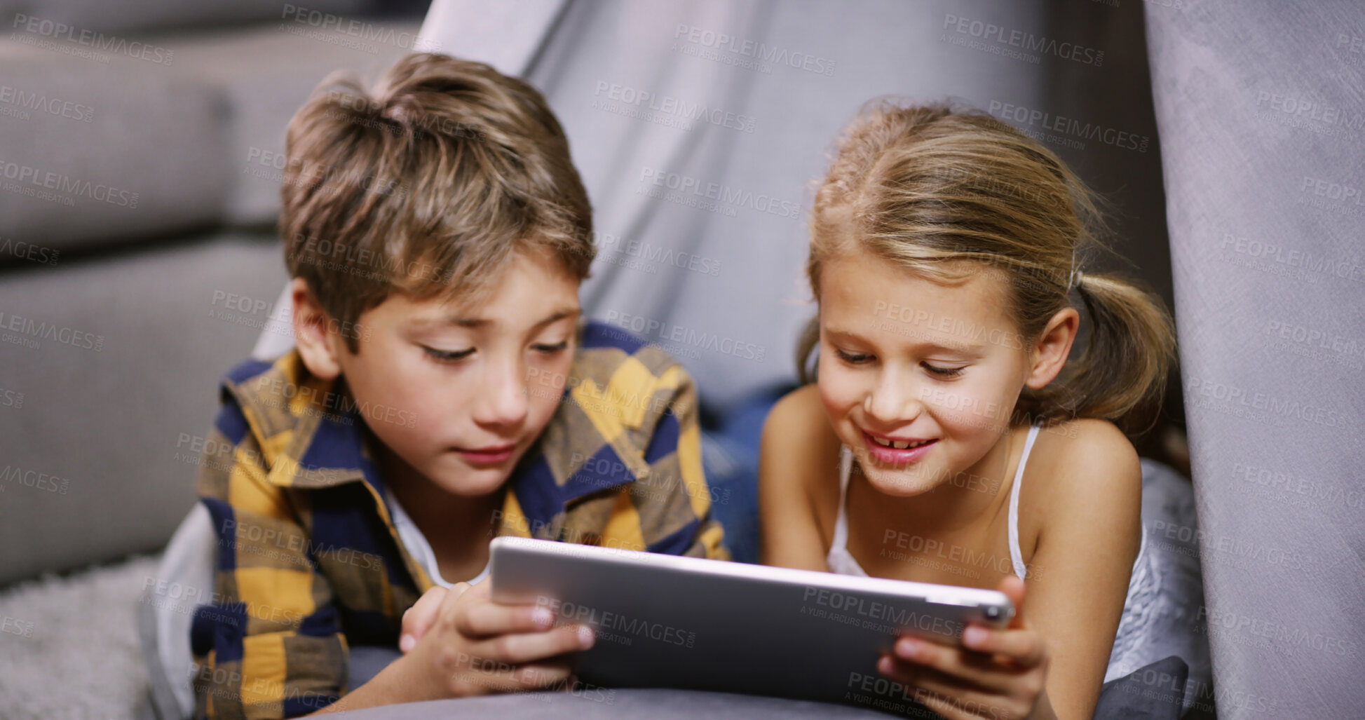 Buy stock photo Tablet, happy and children on bed in home watching movie, show or film together for entertainment. Relax, digital technology and kids playing educational games online with app in bedroom at house.