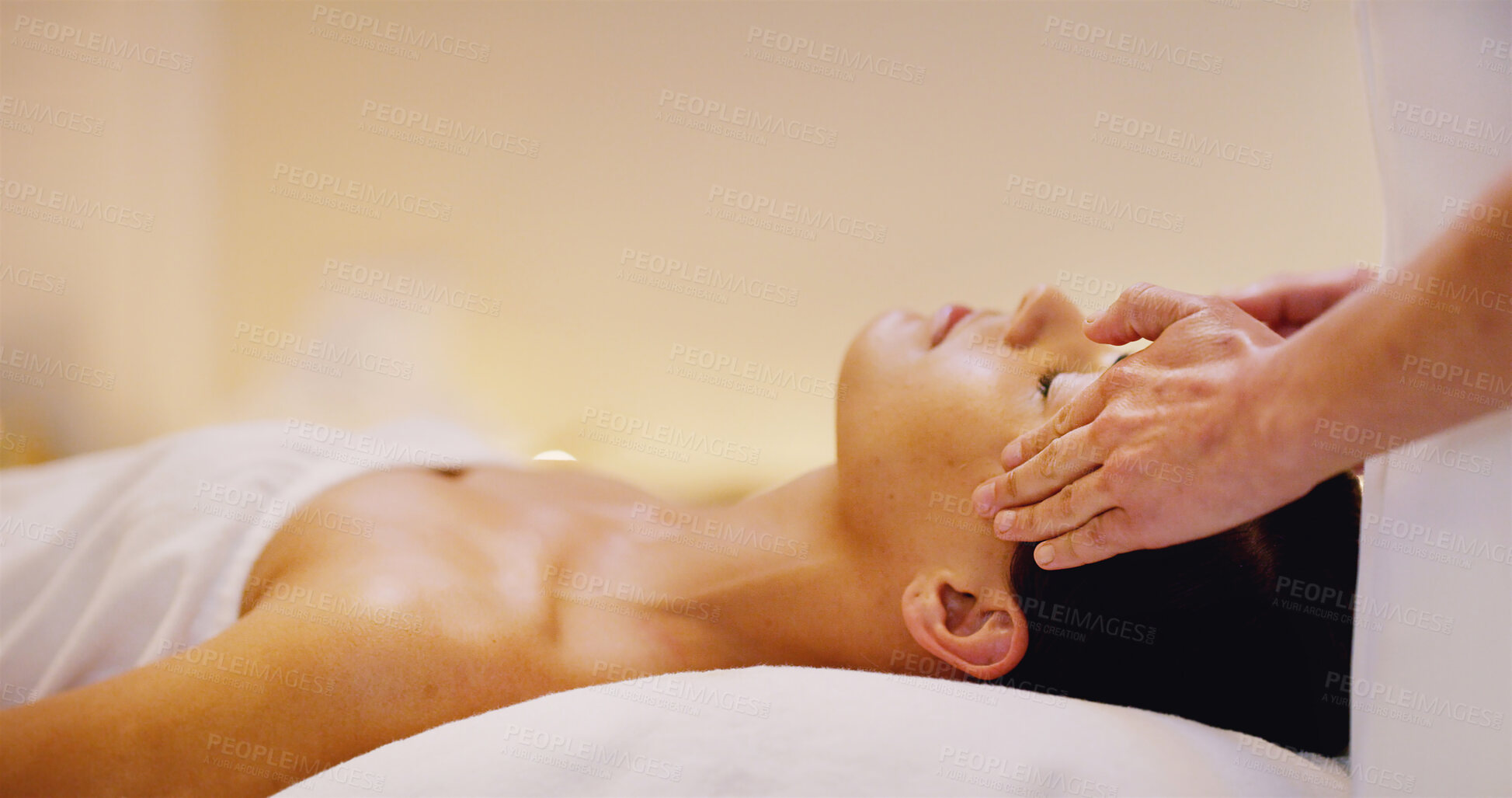 Buy stock photo Woman, therapist hands and head massage in spa for relax, sleeping and skincare treatment at luxury hotel. Peace, client and masseuse in resort for tension relief, stress management and self care