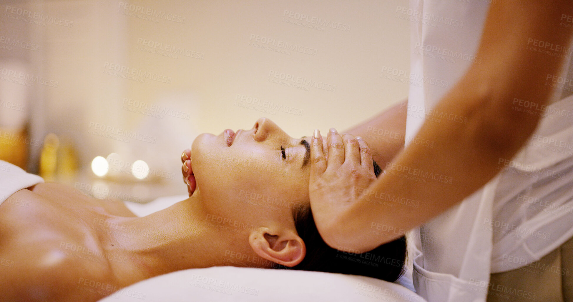 Buy stock photo Girl, therapist hands and face treatment in spa for relax, sleeping and skincare massage at luxury hotel. Peace, client closeup and masseuse in resort for tension relief, dermatology and hospitality