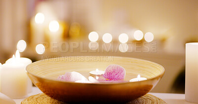 Buy stock photo Spa, candles and bowl of flowers for massage as objects in desk for relaxation, luxury and stress relief for peace. Wellness center, resort and health salon for aromatherapy with zen and mindfulness