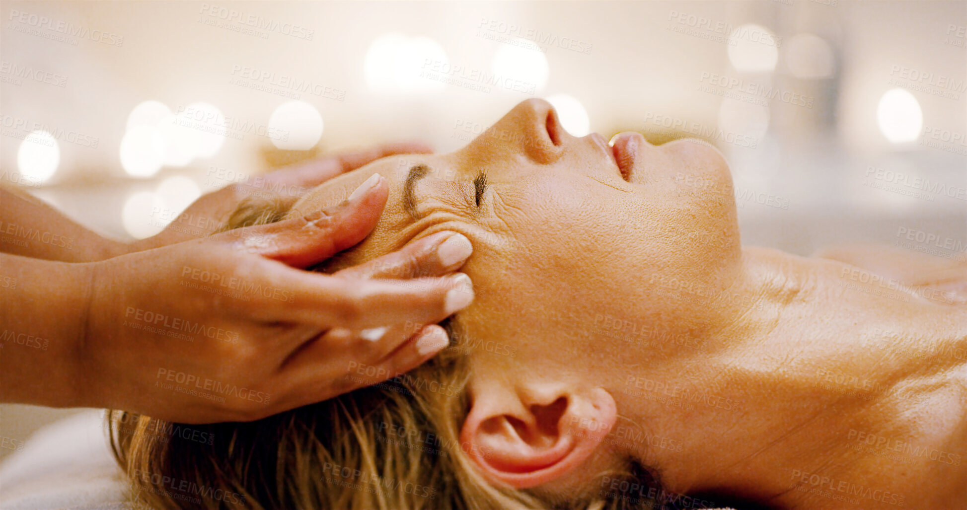 Buy stock photo Woman, hands and head massage as spa to relax with zen, stress relief and body care. People, beauty therapist and client or customer with eyes closed for luxury, facial treatment and wellness