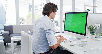 Buy stock photo Business man, computer and green screen on monitor mockup in office with web designer and programmer. Desk, project and website development with digital research and software with tracking marker