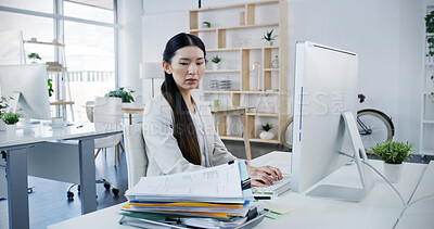 Buy stock photo Documents, office and business Asian woman on computer for online project, website and overworked. Workload, corporate and person on pc worry with paperwork for research, deadline and administration