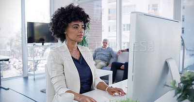 Buy stock photo Reading, web designer or woman on computer for research, creative website or digital footprint. Layout, database and front end developer typing on pc for online project, system or domain registration