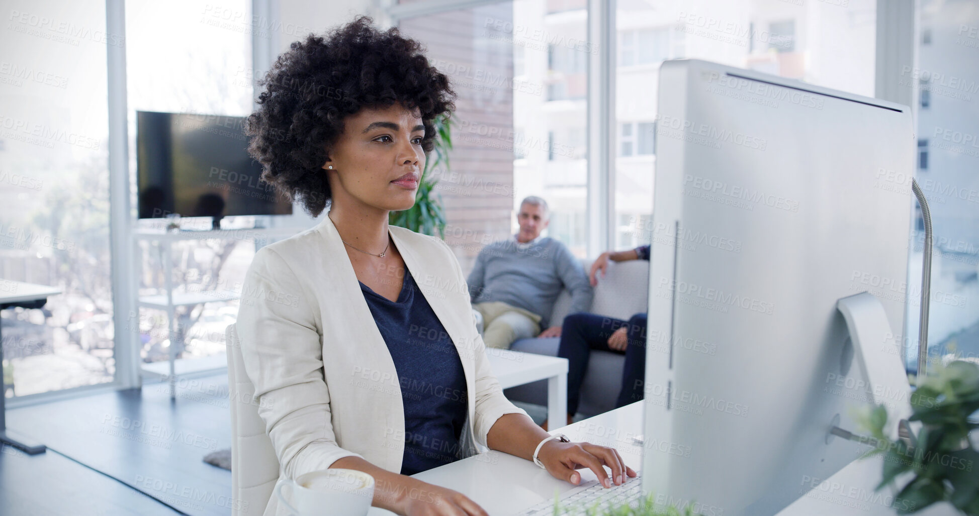 Buy stock photo Reading, web designer or woman on computer for research, creative website or digital footprint. Layout, database and front end developer typing on pc for online project, system or domain registration