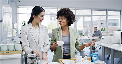 Buy stock photo Happy women, coffee break and office with cup, relax and comfort for conversation for accounting firm. Female people, smile and drinking tea for lunch in kitchen, business or company for hot beverage