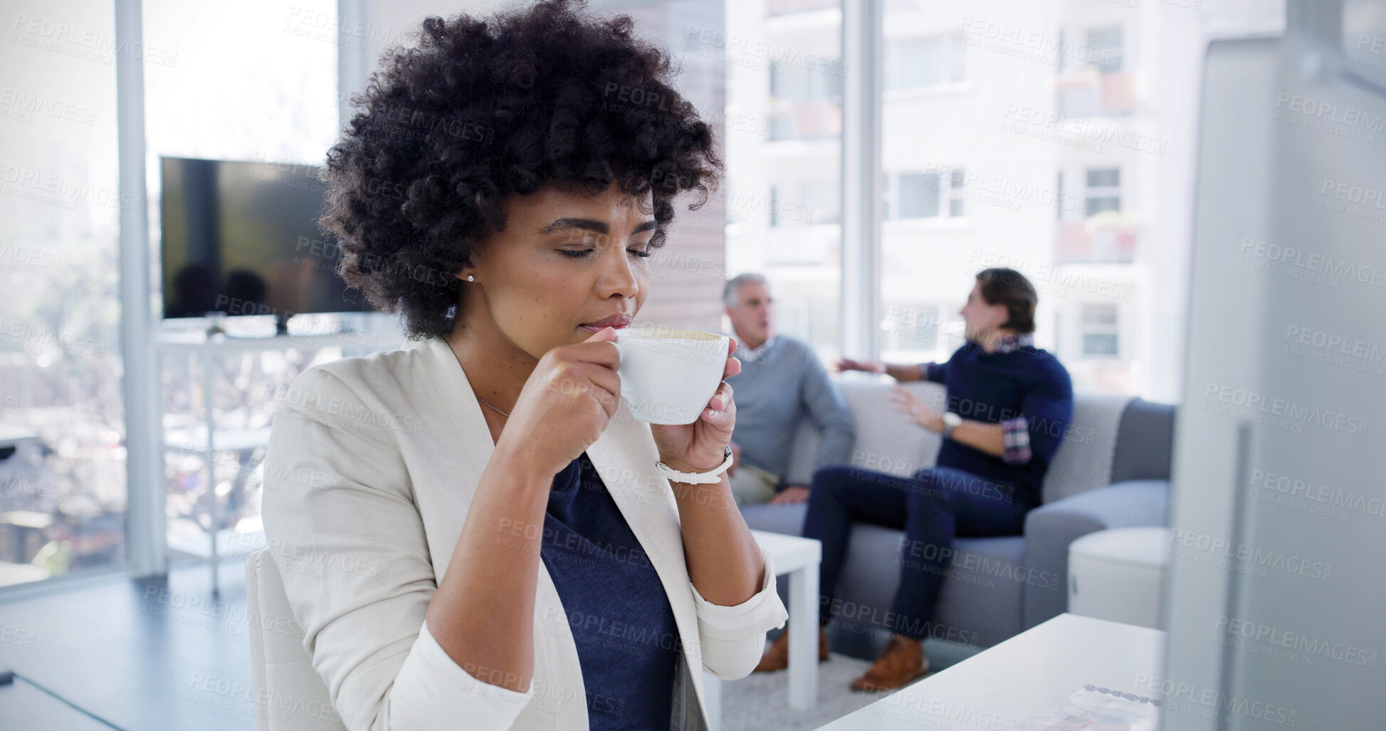 Buy stock photo Woman, coffee break and office with aroma, cup and eyes closed as receptionist for accounting firm. Female person, smile and drinking tea for lunch in kitchen, business and company for hot beverage