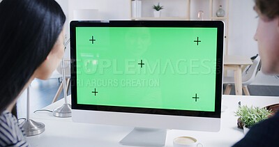 Buy stock photo Business, people and computer with green screen in office for finance planning, tracking markers and support. Back, staff and mockup space with investment research, collaboration and project budget