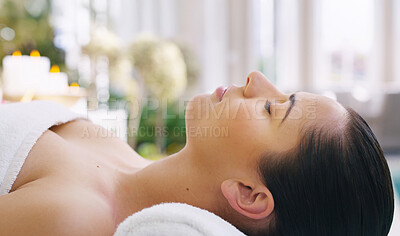 Buy stock photo Massage, relax and wellness with woman in spa for luxury treatment, peace or stress relief. Break, satisfaction and therapy with customer on bed or table in salon for getaway, holiday or vacation