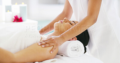 Buy stock photo Woman, relax and hands with masseuse for massage, spa treatment or relaxation at luxury resort. Calm, female person or therapist with client for physical therapy, stress relief or zen at beauty salon