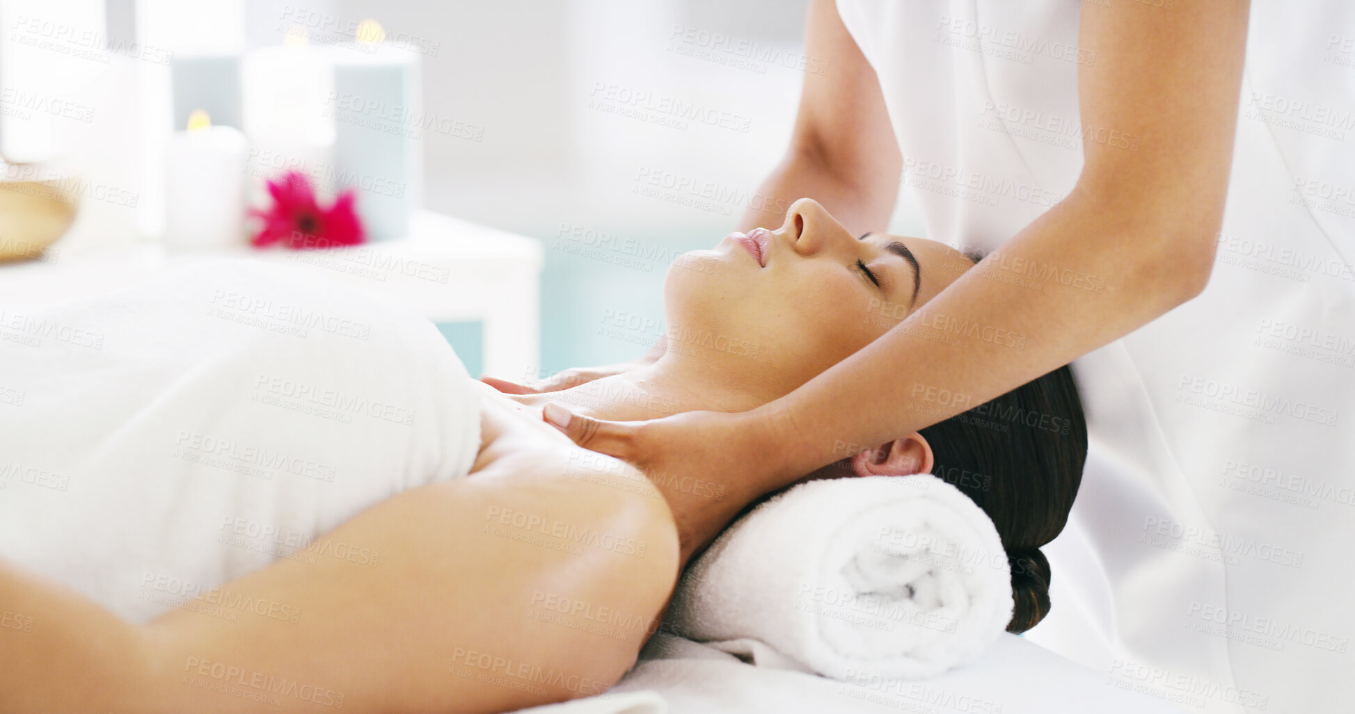 Buy stock photo Woman, relax and hands with masseuse for spa massage, body treatment or healing at luxury resort. Calm, female person or therapist with client or shoulders for pamper, stress relief or zen at salon