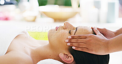 Buy stock photo Person, facial and hands with masseuse for spa massage, treatment or relaxation at luxury resort. Closeup, female person or therapist with client for lymphatic drainage, stress relief or zen at salon