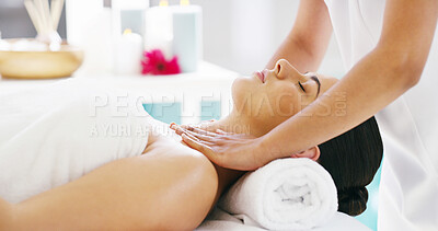 Buy stock photo Woman, shoulder and hands with masseuse for massage, spa treatment or healing at luxury resort. Calm, female person or therapist with client for physical therapy, stress relief or zen at beauty salon