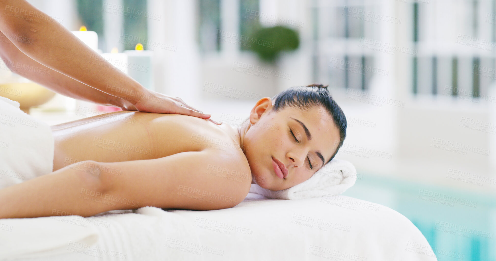 Buy stock photo Woman, hands or back massage with masseuse in relax for body treatment or zen at luxury resort or spa. Calm, female person or therapist with client for pamper session or stress relief at beauty salon