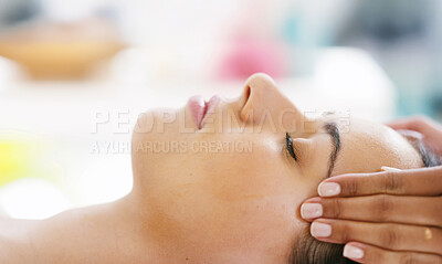 Buy stock photo Woman, face or hands with masseuse for spa massage, facial treatment or relaxation at luxury resort. Closeup, female person or therapist with client for lymphatic drainage or stress relief at salon