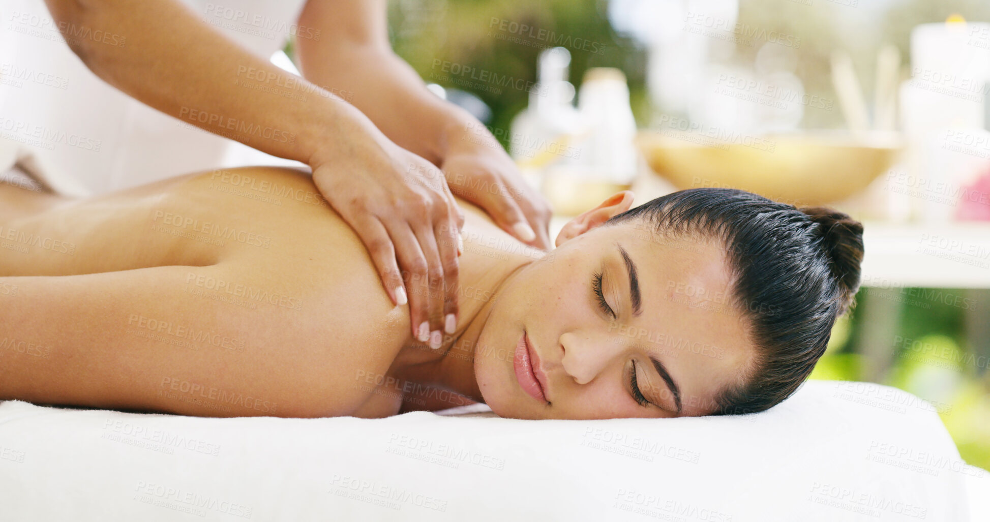 Buy stock photo Woman, hands or relax with masseuse for back massage, body treatment or zen at luxury resort or spa. Calm, female person or therapist with client shoulders for healing or stress relief at salon